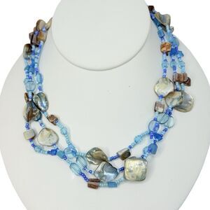 VTG Ocean Blue Abalone Shell Layered Necklace 20" Bohemian Nautical Glass Beaded